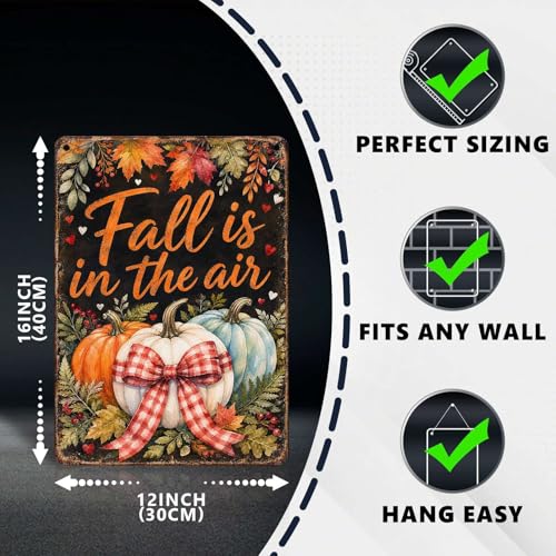Fall Is In The Air Pumpkin Gingham Bow Tin Sign Rustic Autumn Wall Decor for Entryway Porch Kitchen Dining Room Living Room and Farmhouse Home Decor 16 * 12In - color: Vintage Thanksgiving Tin Sign 20, size: 30X40cm(12*16in)