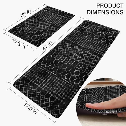 Boho Kitchen Mats for Floor 2PCs, 17.3"x47"+17.3"x29", Black | Non Slip Comfort Washable Waterproof Anti Fatigue Kitchen Rug, Modern Rustic Farmhouse Kitchen Decor for Home, Sink, Laundry - color: Black-2