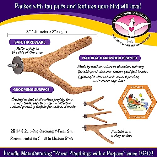 Super Bird Creations SB1148 Sure-Grip Grooming Y-Perch Small, Small/Medium Bird Size - Enriches Beak and Foot Health - Ideal for Parrotlets Parakeets Quakers - Small Bird Size, 3/4" diam x 8" (Small)