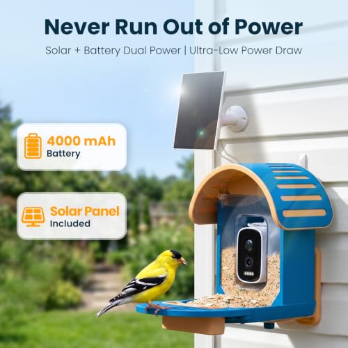 Smart Bird Feeder with Camera, Blue | 2.5K UHD, AI Bird Species Identification, Solar Powered, 2.4G WiFi, IP66 Waterproof Outdoor, Instant Alerts, Gift - color: Blue