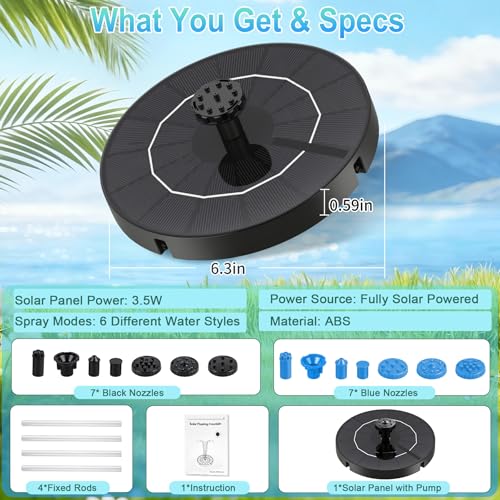 Yeomi 3.5W Solar Fountain, 12 Nozzles Black & Blue with 6 Spray Patterns | Solar Water Pump Solar Fountain Pump for Bird Bath, Small Pond, Garden, Outdoor Water Feature - color: 3.5w Solar Fountain + Black&blue Nozzles