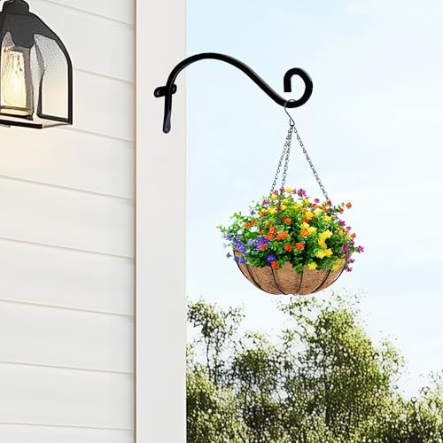 Hourleey 2 Pack Plant Hanger Outdoor, 8 Inch Heavy-Duty Hanging Plant Hook for Outside Basket, Black Metal Wall Mount Plant Bracket Hook for Flower Baskets Bird Feeder - size: 8 Inch-2 Pack