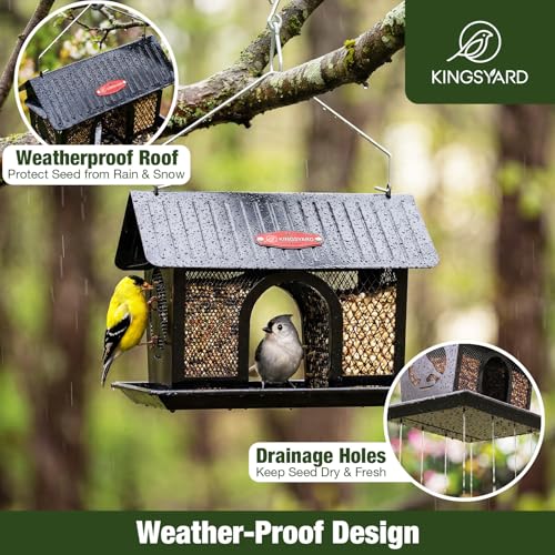 Kingsyard Wild Bird Feeder for Outdoors Hanging, All Metal | Dual-Use Mesh with 360° Feeding, Weatherproof Roof, 3 lb Seed Capacity, Garden Decor & Birding Gift, Black - color: Black