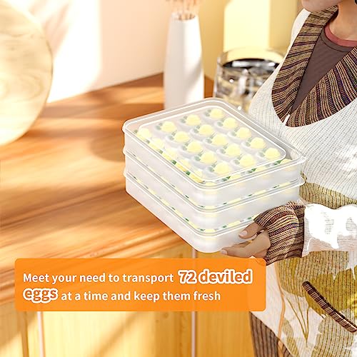 Deviled Egg Containers with Lid, (Set of 3), Plastic Egg Holder for Refrigerator for 72 Eggs, Clear Storage Deviled Egg Carrier Tray, Fridge Stackable Countertop Portable Egg Platter - color: Clear, size: 72 Eggs