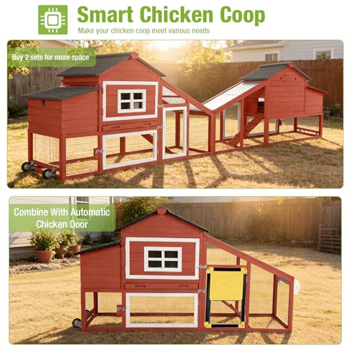 GUTINNEEN Chicken Coop with Wheels, Expandable Hen House Poultry Cage with Run, UV-Protected Roof, Divided Nesting Boxes, Easy One-Person Move, Ideal for 2 Adult Chickens or 4 Bantams, 72.3" L, Red - color: Red, size: 72.3"L x 26"W x 39.8"H