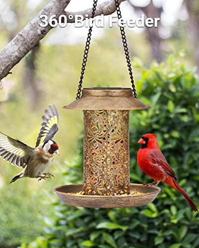 SWEETFULL Solar Bird Feeder for Outdoors Hanging, Metal Wild Bird Feeder for Cardinals Solar Garden Lantern with S Hook as Gift for Bird Lovers (2LBs Heavy Duty birdfeeders) - size: 7.2"x7.2"
