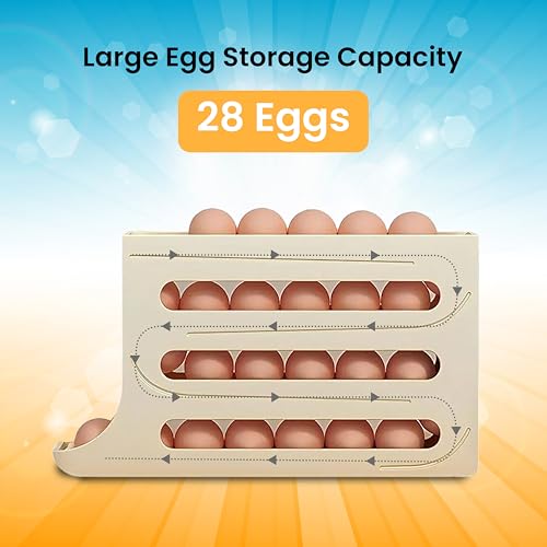 ZAYLAN Auto-Rolling Egg Holder for Fridge – 4-Tier Space-Saving Dispenser Holds 28 Eggs, Cream Organizer with FREE Flower Egg Cutter - color: CREAM
