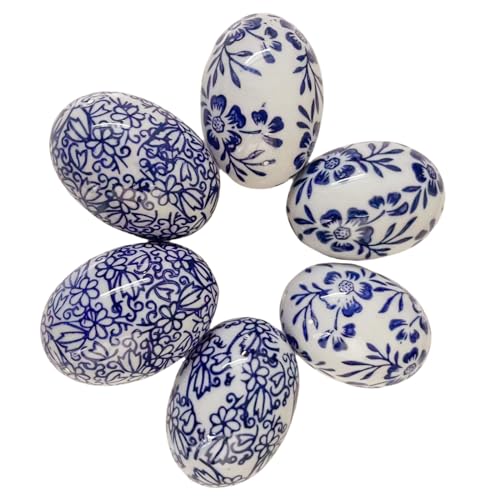 6pcs/Set Handcrafted Blue & White Ceramic Easter Eggs - Artisanal Decor for Home, Living Room & Office - Festive 6cm*4cm Accent Pieces - Perfect Mothers Day & Spring Easter Gifts (B) - size: G