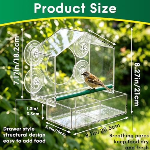 Clear Acrylic Window Bird Feeder for Outside - Transparent Glass Mount Birdhouse with Strong Suction Cups & Tray - Easy Indoor Viewing for Cats, Kids & Elderly