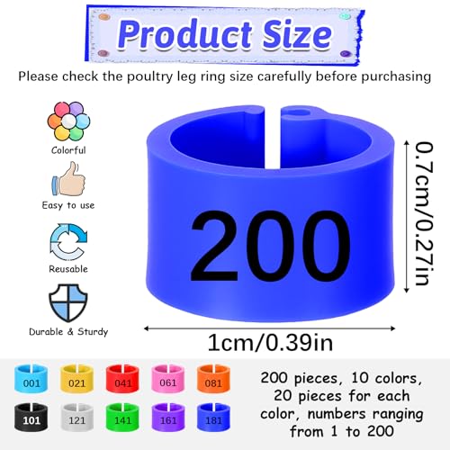 200 Pcs 8mm Chick Leg Bands, Colorful Numbered Bird Quail Leg Rings Identification Legs Bands Baby Chicken Supplies Poultry Tags for Chick Bantam Finch Dove Small Birds (Ten Colors)