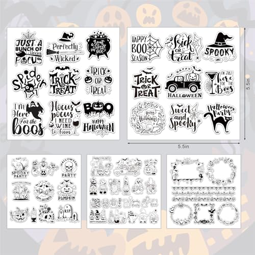 Whaline 5 Sheets Halloween Clear Stamps Gnome Pumpkin Spider Silicone Transparent Stamps Trick or Treat Border Stamp Cards for DIY Card Making Scrapbooking Embossing Album Decor - style: Halloween