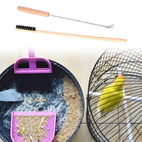 2Pcs Bird Cage Cleaners,Cleaning Fork and Brush Portable Removers Cleaning Tools for Parakeet Perch Stand Bird Droppings, Wood Handle - color: Wood Handle