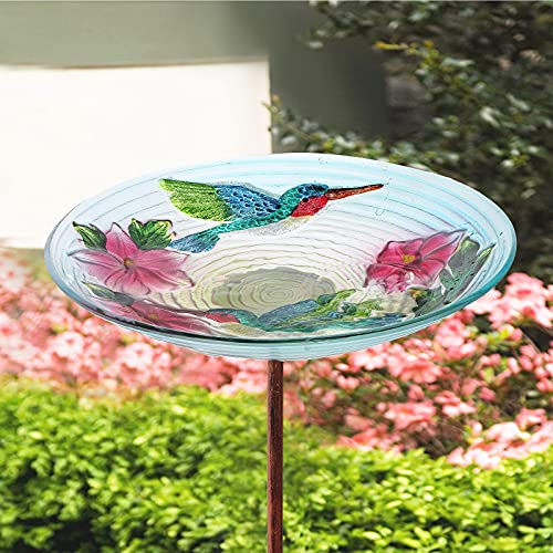 Glass Bird Bath, Garden Outdoor Birdfeeder with Metal Stake, Multi | Birdbaths with metal stand to attract cardinals and blue jays wild birds and beautify outdoor hummingbird gardens decor - color: Multi