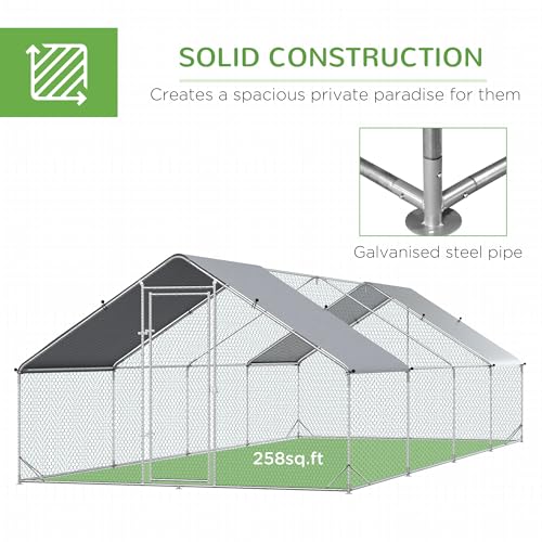 PawHut Large Chicken Coop Metal Chicken Run with Waterproof and Anti-UV Cover, Spire Shaped Walk in Fence Cage Hen House for Outdoor and Yard Farm Use, 1" Tube Diameter, 9.8' x 26.2' x 6.6' | Metal Chicken Run, Lockable Door, Spire Shaped Walk in Hen Hous