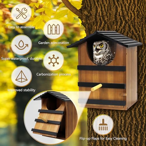 KOOPRO Screech Owl House for Outdoors, Weatherproof Large 14.5"x9.4"x7.8" | Barn Owl Nesting Box Wooden for Outside with Mounting Screws & Natural Shavings, Easy Assembly Required