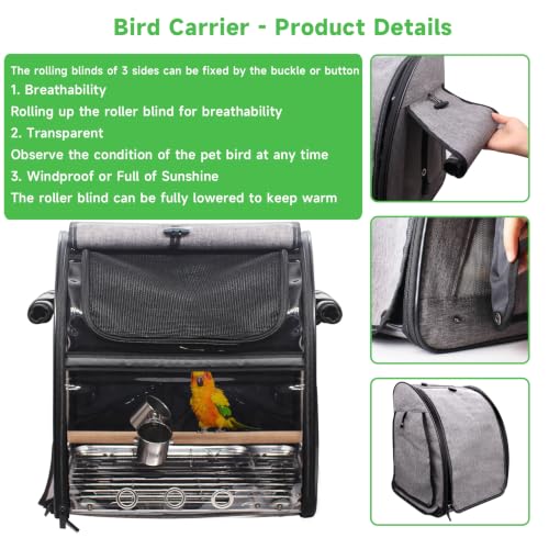 Bird Carrier Bag with Perch, Bird Travel Carrier Backpack with Stainless Steel Plate and Mesh, Portable Transparent Parakeet Travel Cage with Feeder Cups for Small Birds Parakeet Parrot