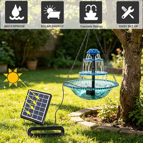 3-Tier Solar Powered Hanging Bird Bath Fountain Cascading Water Feeder for Hummingbirds Wild Birds[16.4FT/Extra Long Cord] for Outdoor,Garden, Patio Decor