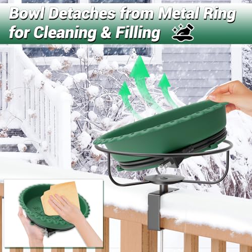 Heated Bird Bath for Outdoors,Deck Railing Heated BirdBaths,Green | Upgraded 100W,Thermostatically Controlled,Adjustable Clamp 3.2",Easy Clean/Install,Detachable Bowl,Garden Yard Patio Lawn - color: Green