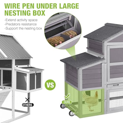 GUTINNEEN Chicken Coop Mobile Hen House On Wheels Easy to Move Wooden Poultry Cage with Nesting Box,Opening Wire Netting Roof - color: Grey