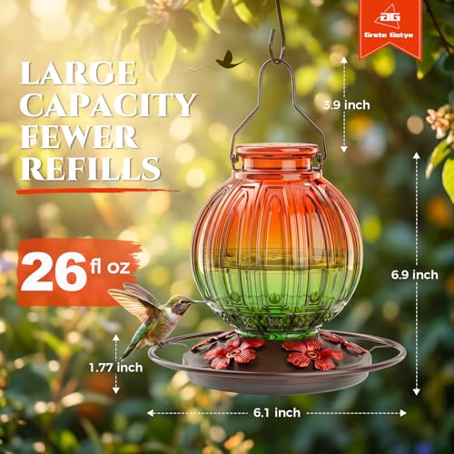 Glass Hummingbird Feeder for Outdoors Hanging, 26 fl oz Bird Nectar Feeder | 5 Metal Flower Feeding Ports, 360° Perch Ring, Easy Refill Clean, Leakproof, Ideal for Backyard, Garden Decor, Orange & Green - color: Orange-Green Gradient