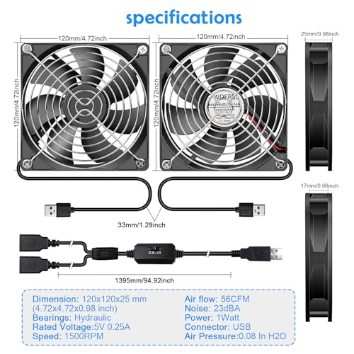 120mm Computer Case 5V USB Powered Fan, Small Silent Flat Cooler with Speed Controller for Receiver/Router/Electronic Equipment（2-in-1 Pack） - style: 2 in 1-12025-USB