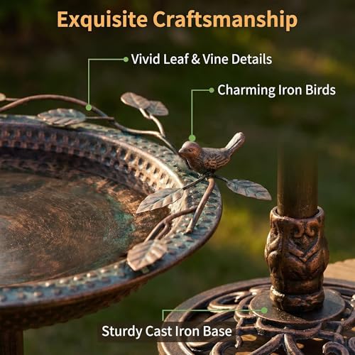 Metal Bird Bath with Solar Fountain Pump & LED Lights, 34" Tall Iron Birdbath for Outdoors, Heavy Duty Cast Iron Pedestal Bird Bath for Garden Yard Patio Lawn Deck, Bronze Finish