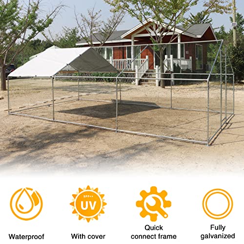 NUGRIART Large Metal Chicken Coop Walk-in Poultry Cage Hen Duck Run House with Waterproof & Anti-UV Cover Galvanized Rabbits Habitat Spire Shaped Cage for Outdoor Yard Farm Use - size: 19.7' L x 9.8' W x 6.56' H