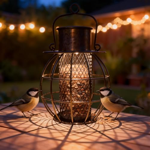 Squirrel-Proof Solar Bird Feeder, Retro Lantern Shape Rustproof(Bronze) | Easy-Fill Tray with Solar Light, Metal Outdoor Decor for Garden Patio Yard Lantern Bird Feeder - color: Bronze