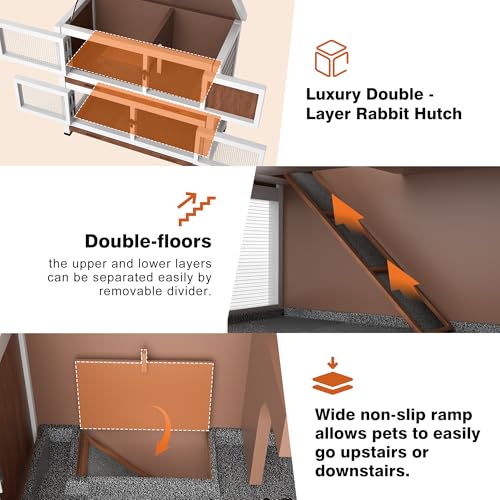 2 Story Rabbit Hutch, Indoor Outdoor Bunny Hutch Solid Wood Rabbit Cage with Removable Trays, Waterproof Asphalt Roofs and Ventilation Door, Small Animal House for Rabbit Guinea Pig Ferret, Walnut - color: Walnut