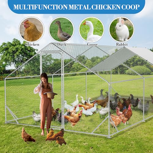 GarveeTech 6.5FT Walk in Chicken Coop Metal, Large Chicken Run with Triangular Brackets, Waterproof & Anti-UV Cover, Poultry Cage for Duck Goose Rabbit, Hen House for Yard Backyard Farm, 6.6' h - size: 9.8' x 19.7' x 6.6'