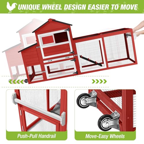 GUTINNEEN Chicken Coop Mobile Hen House On Wheels Easy to Move Wooden Poultry Cage with Nesting Box,Opening Wire Netting Roof,Red - color: Red