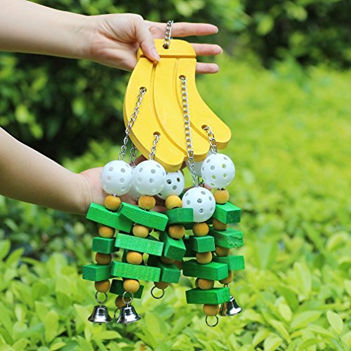 Hypeety Large Parrot Hanging Swing Toy Bells Chew Toy Colorful Hanging Wood Block Parrot Macaw African Greys Cockatiels Budgies Conure Banana Shape Natural Birds Cage Hanging Toy - color: Banana