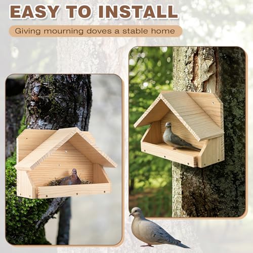 Briwooody Wooden Open Mourning Dove Nesting Box for Outside Dove Bird House 14 H x 10 W x 5.3 L Inches Bird Nesting and Roosting Platform Hanging Birdhouse Garden Decoration (Triangular Roof, Brown) - style: Triangular Roof