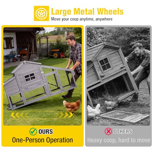 Aivituvin Mobile Chicken Coop with Wheels for 2-4 Chickens, Backyard Expandable Chicken House Duck Cage with Run, 2 Nesting Boxes, Easy Clean Pull-Out Tray, Leak-Resistant Asphalt Roof, 72.3"(Grey) - color: Grey, size: 72.3"L x 26.0"W x 39.4"H