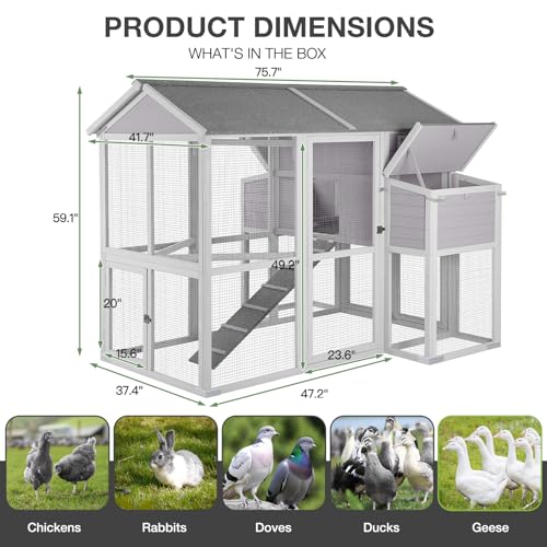 Gutinneen 75.7" Large Chicken Coop for 6-10 Chickens, Wooden Hen House with 2 Large Nesting Boxes, Elevated Sleeping Area, Waterproof Roof, Pull-Out Tray, Outdoor Poultry Cage with Run - size: 75.7"L x 65.7"W x 59.1"H