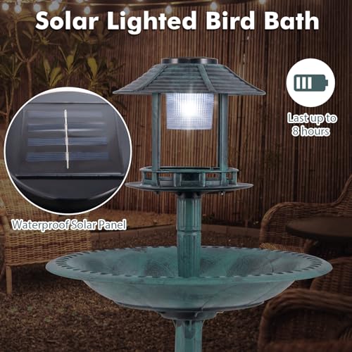Solar Bird Bath, Pedestal Bird Bath with Bird Feeder, Flower Planter Base, and Solar Powered Lamp, Standing Birdbath for Outdoors, Garden, or Yard, 42 Inch Tall (Green) - color: Green