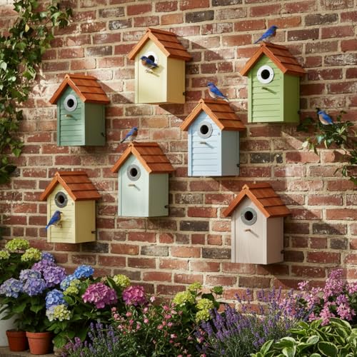 3pk Bluebird Bird Houses for Outside Clearance - Bird House for Wall Mounting - Tree Swallow Nest Box with Stainless Steel Predator Guard - Cedar Shingles Roof UV Painting - 10 Years Outdoor