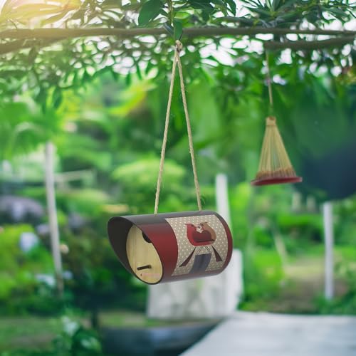 Red Carpet Studios Birdhouse Charley Harper Mid-Century Style Birdhouse for Chickadees, Nuthatches, Titmice, & Warblers Cylinder Bird House, 8" Long, Red Bird's Romance - color: Red Bird's Romance