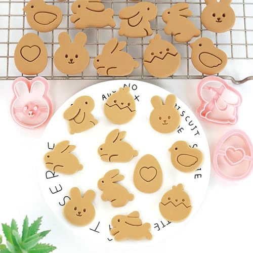 8pcs Mini Easter Cookie Cutters, Bunny, Egg & Chick Shapes | One-Touch Raised Design Easter Cookie Stamps for DIY Baking, Decorating, and Party Fun