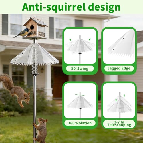 19 Inch Metal Squirrel Baffle, Squirrel Baffle for Bird Feeder Pole, Upgrade Spring Motion Design for Better Protection, Fits 0.4"-1" Round Poles Only