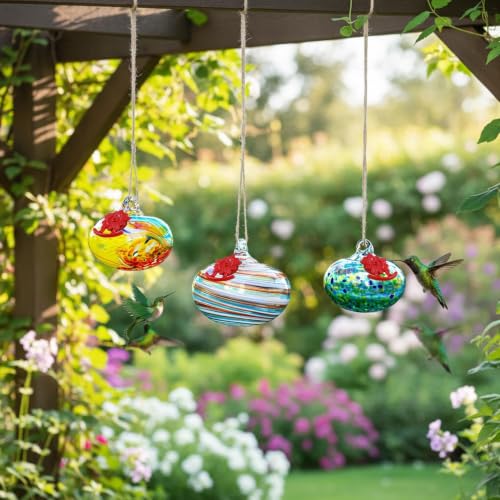 QFkris 3 Pack Blown Glass Hummingbird Feeder for Outdoors Hanging | 3.2" Small Humming Bird Feeder with Flower Feeding Ports for Outside, Garden Backyard Decor, Gifts for Women - color: Rainbow