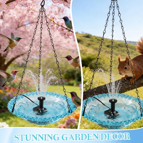 Hanging Bird Bath Fountain, Cascading Outdoor Birdbath with Glass Bowl, USB-Powered Water Feature for Garden, Patio, Yard Decor, Attracts Hummingbirds & Wild Birds