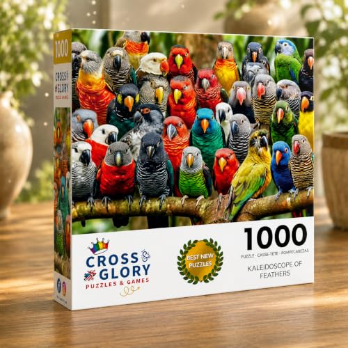 Cross & Glory | Jigsaw Puzzles for Adults | Kaleidoscope of Feathers | Unique Bird Artwork | 2mm Thick Pieces | Bonus Reference Poster | Satin Finish | Ages 14+ - color: Kaleidoscope of Feather