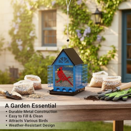 Blue House Metal Bird Feeder - 20" Hanging Wild Bird Feeder with Decorative Accents, Large Capacity Outdoor Birdfeeder for Cardinals and Songbirds, Perfect Garden Gift