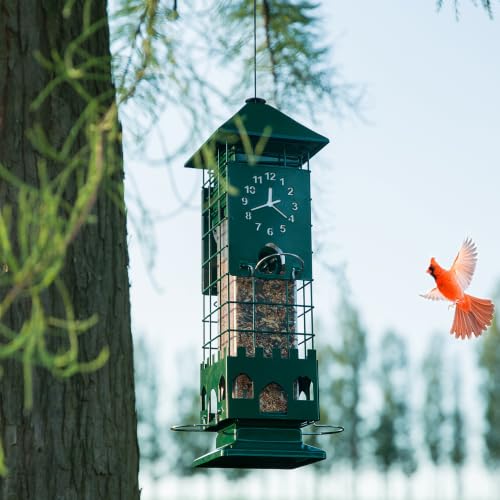 Metal Squirrel Proof Bird Feeders for Outdoors Weight Activated,3 Lbs Green | Hanging Anti Squirrels Buster Mesh Birdfeeders for Outsides Chew & Weather proof, Easy to Fill 4 perches Decor Backyard