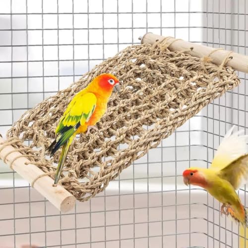 SNBBGTLadder Perch for Cage,Bird Water Grass Net Hammock Toy,Natural Hand-Woven Parrot Net Climbing Chewing Hammock,Suitable for Various Parrots，Natural. ﻿