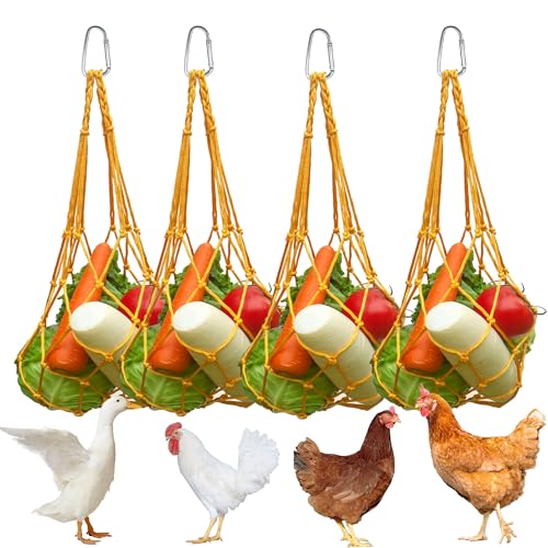 Chicken Vegetable Hanging Feeder 4 PCS, Reusable String Bag with Hook for Chicken Toys, Poultry Fruit Holder for Hens and Ducks, No Mess Lettuce Cabbage Feeder for Enrichment(Yellow) - color: Yellow