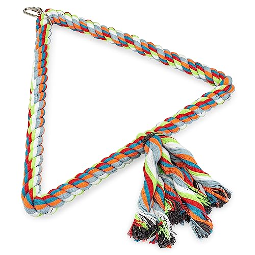 Spoiled Pet® Large Bird Rope Perch Triangle Swing Toy Multicolor 12 Inch | Natural cotton & steel rod cage accessory for Parrots Cockatoos, Safe to climb, chew, relieve boredom, with metal quick link
