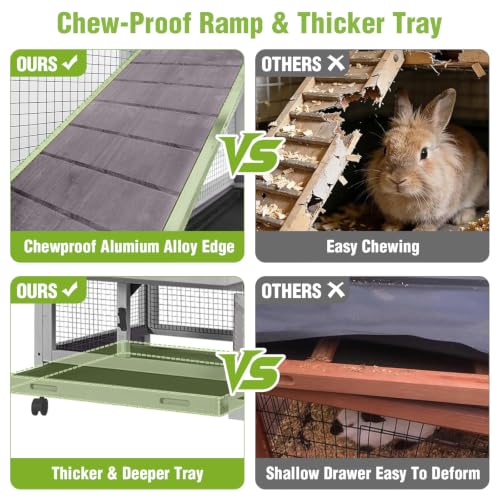 Rabbit Hutch with Wheels, Chew-Resistant Ramp & Leakproof Tray | Aluminum-reinforced ramp resists chewing; 3 removable trays pull out from front/back; 6 access doors for easy cleaning - color: Gray with Run