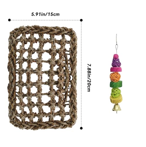 Bird Swing Toy Seagrass Mat, Natural Sea-Weed Woven Parrot Hammock Swing Bird Net Hammock Mat Climbing Swing Mat with Colorful Chewing Rope Toys for Parakeets, Budgie,Conure,Cockatiel,Lovebird